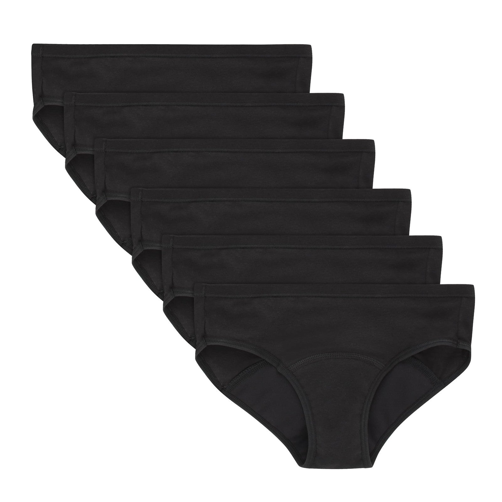 Hanes Girls' Period Panties 6-Pack Black Hipster Moderate Protection Size 16