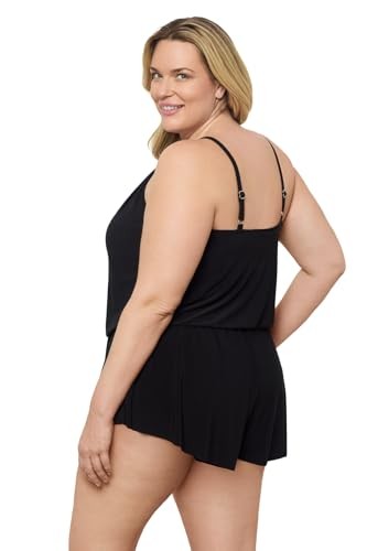 Aqua Green Women's Keyhole Blouson Swim Romper, Black, Size Large