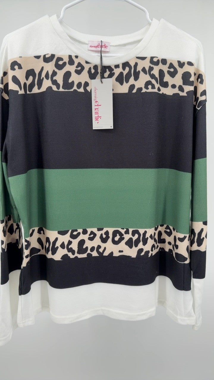 Leopard Color Block Striped Knit Top
