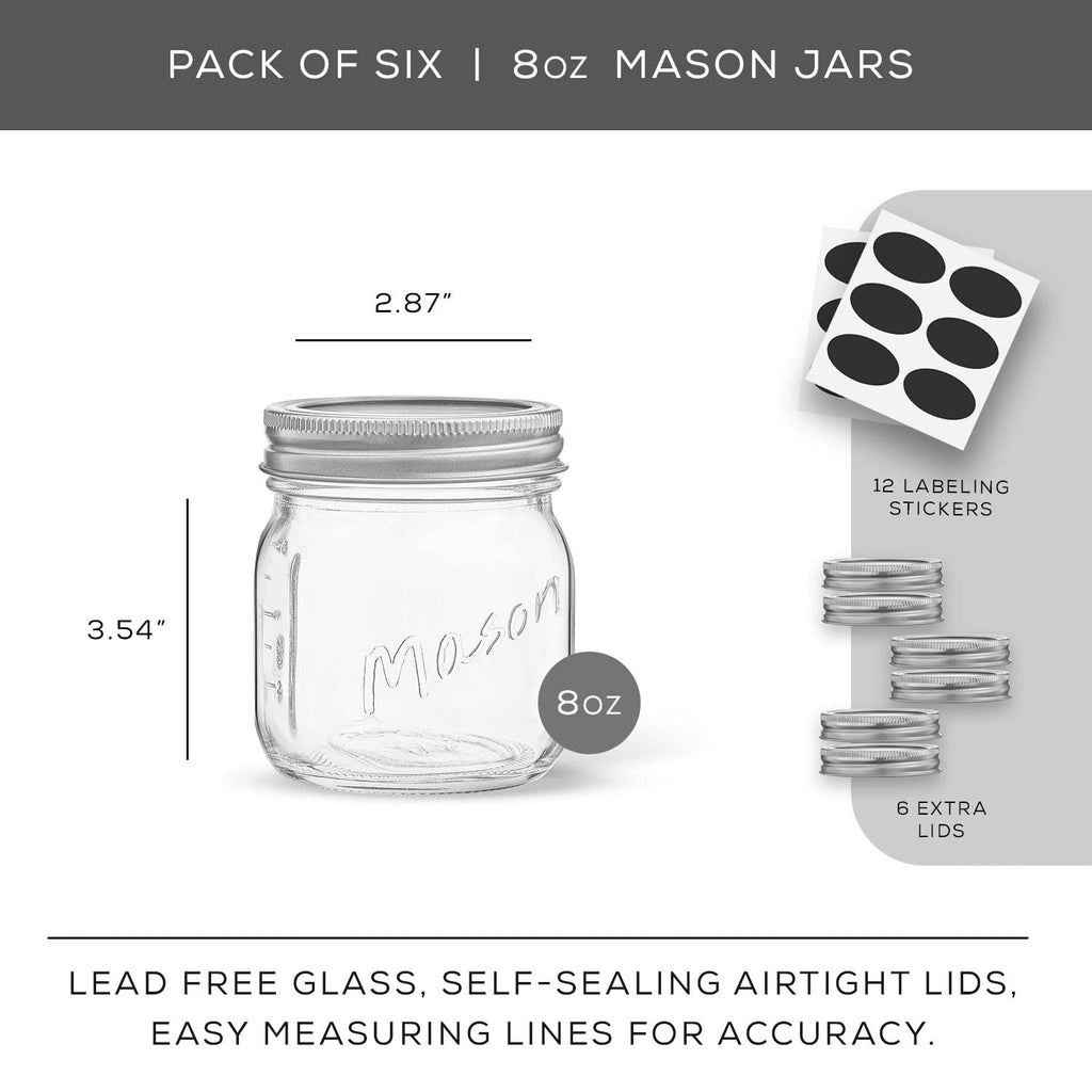 8 Oz Regular Mouth Mason Jars 6-Pack, Airtight Jars w/ Lids & Labels