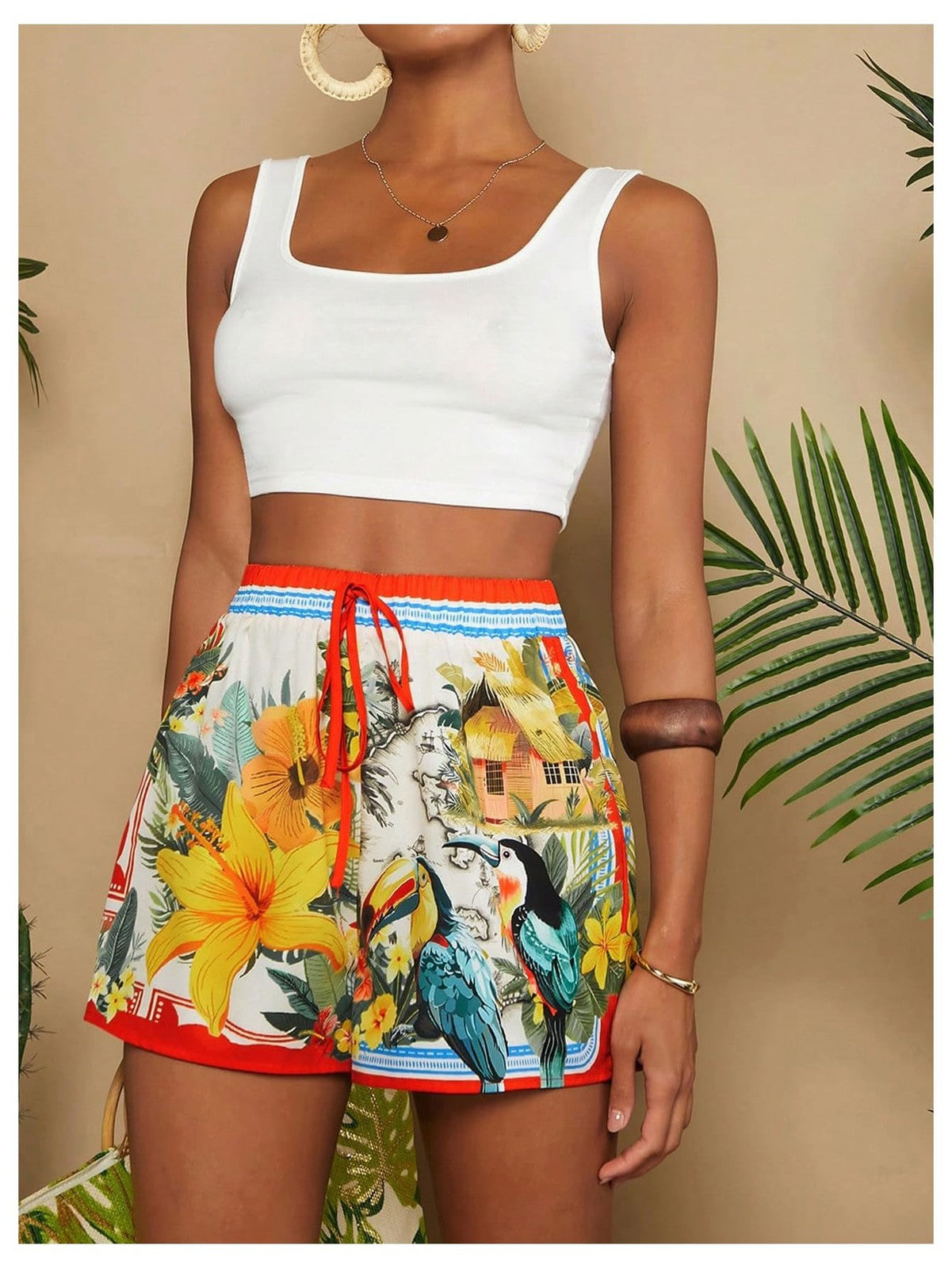 Women's Boho Drawstring Summer Shorts Beige Multi Size Small