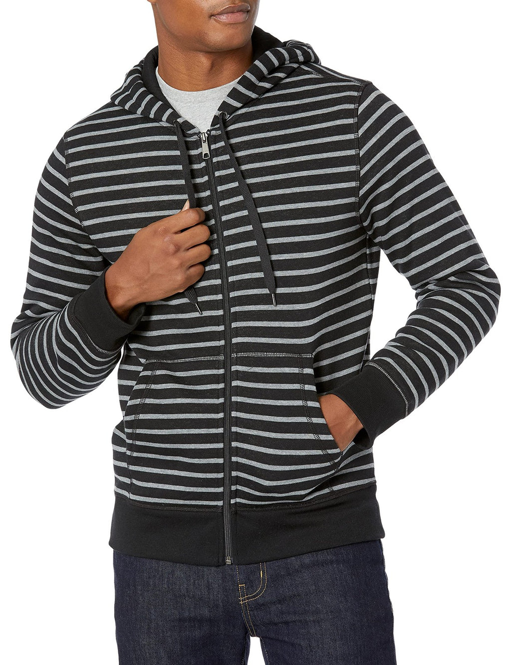 Medium Full-Zip Fleece Hoodie, Black Grey Stripe, Men's Sweatshirt