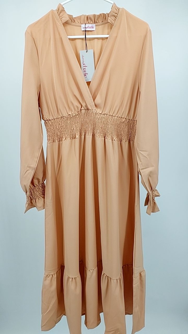 Notched Long Sleeve Tiered Dress