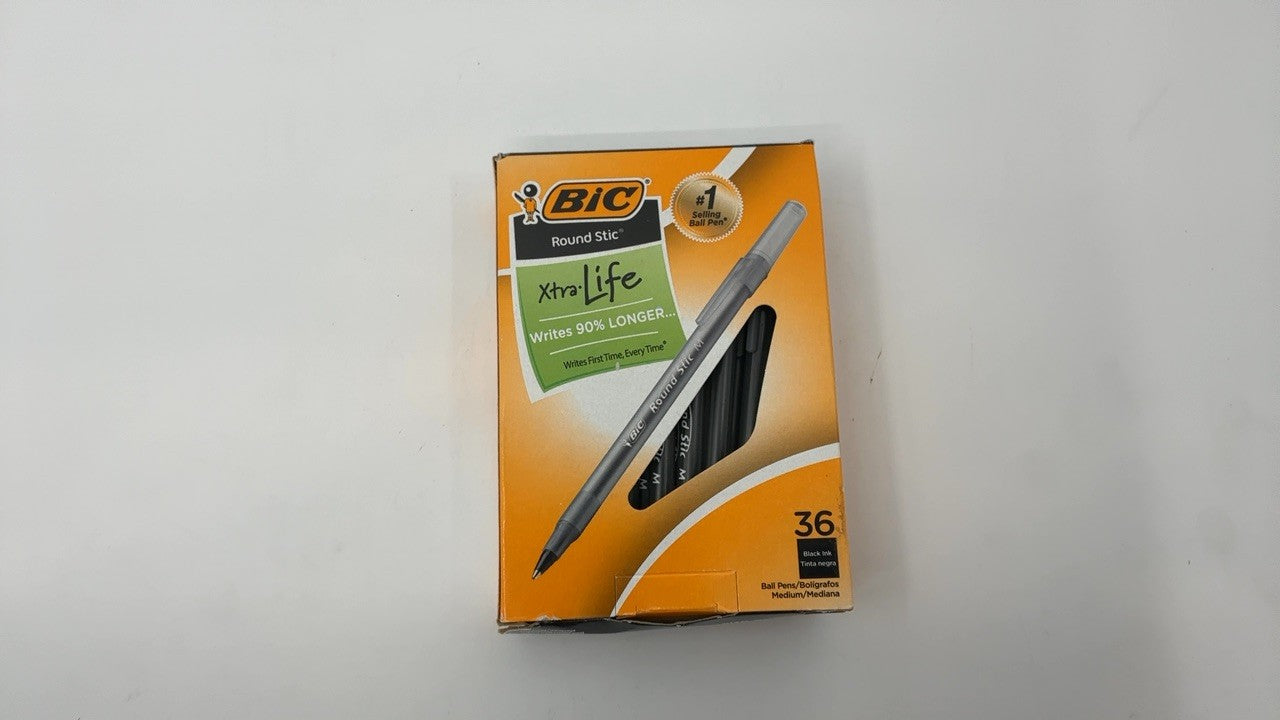 36-Count BIC Round Stic Xtra Life Black Pens, Medium Point 1.0mm