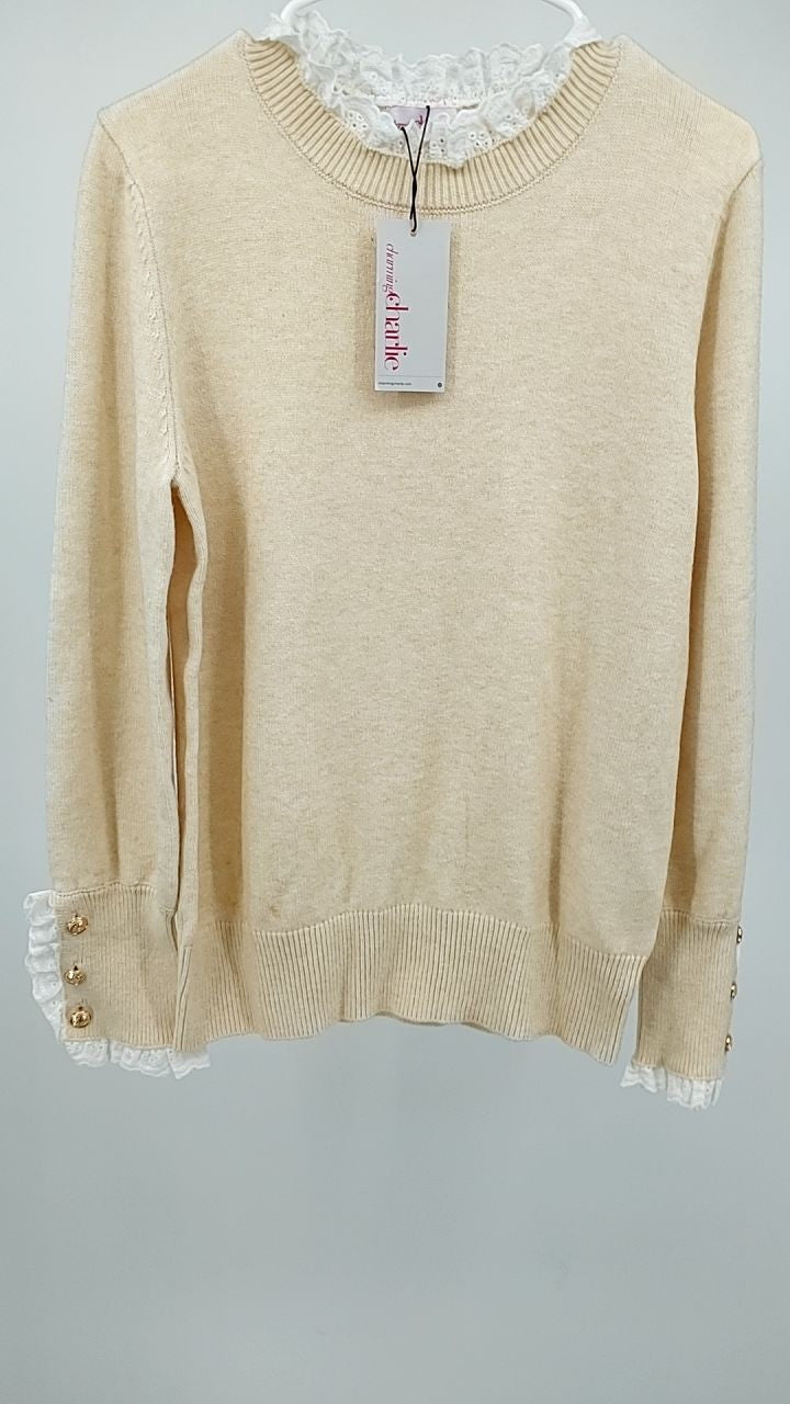 Lace Trim Button Cuff Long Sleeve Sweater
