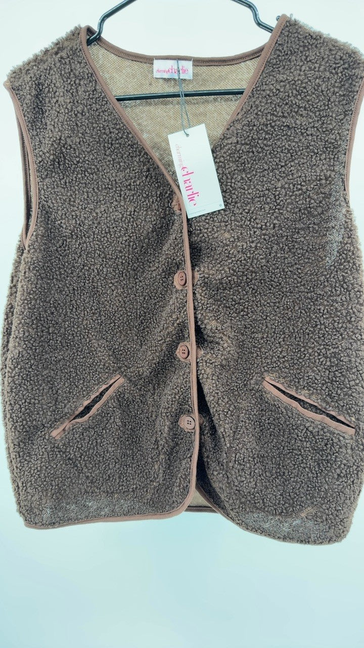 Full Size Cozy Sherpa Fleece Button-Up Vest Coat with Pockets Plus Size