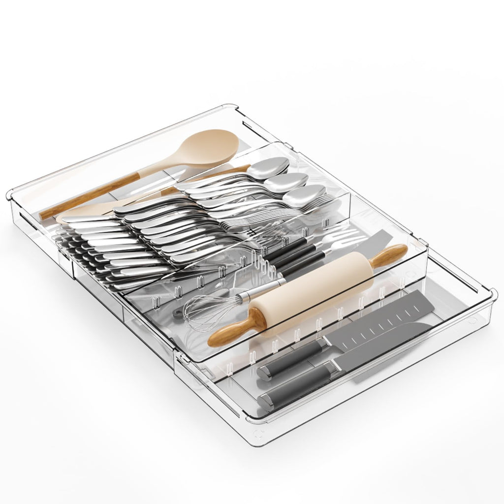 Large Silverware Organizer, Expandable from 12.6 to 21.3 in, Clear