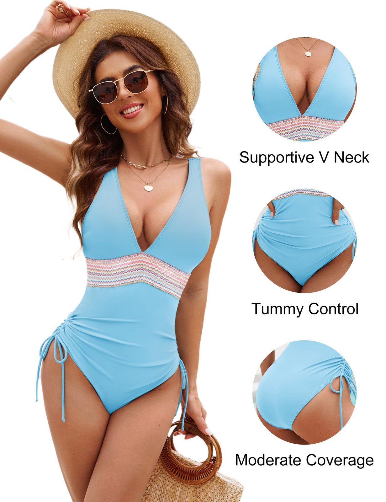 Womens One Piece Swimsuit Tummy Control Sky Blue M Color Block