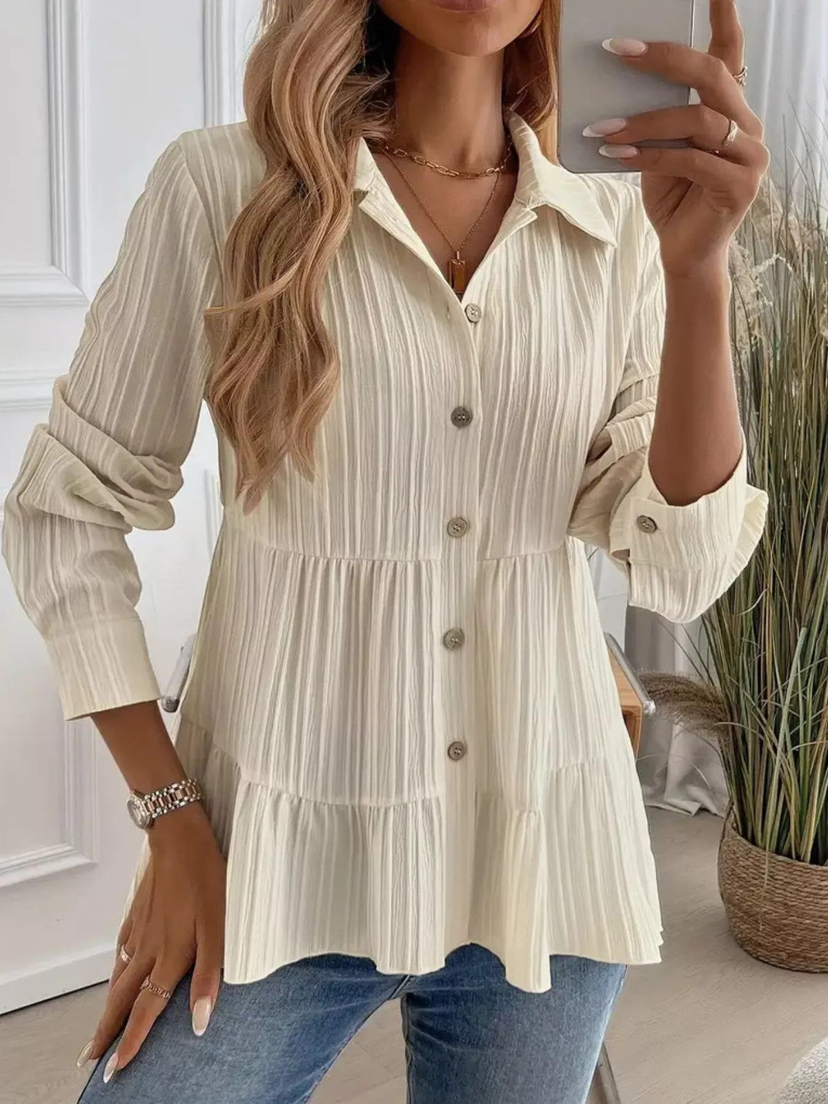 Button-Down Long Sleeve Tiered Shirt