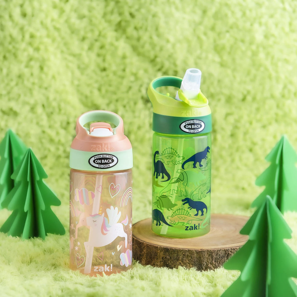 Reusable 16oz Kids Water Bottles, Unicorn & Dino Camo, Built-in Loop, 2 Pack