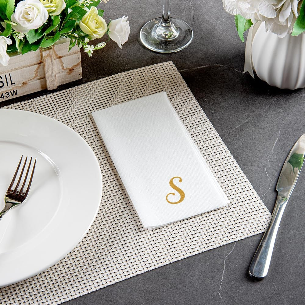 50 Count Linen-Feel Guest Towels, Gold S Cursive Paper Napkins 15.8 X 7.9 In