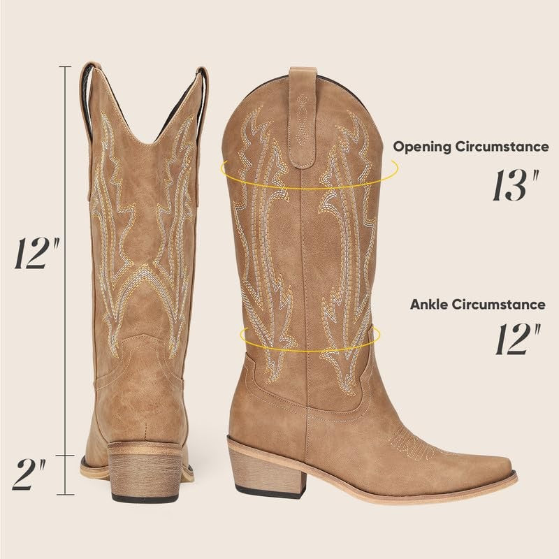 Women’s Tan Cowgirl Boots Mid Calf Square Toe Western Style