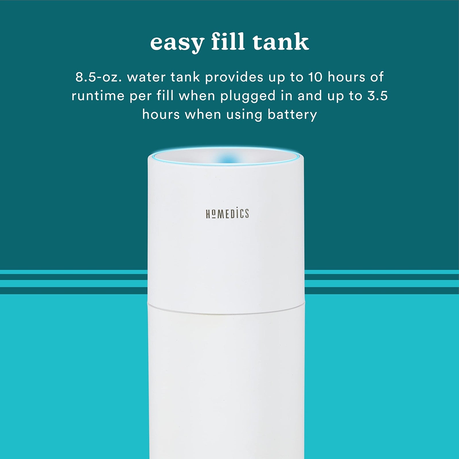 Homedics Ultrasonic Humidifier, 10-Hour Runtime, White, Travel Size