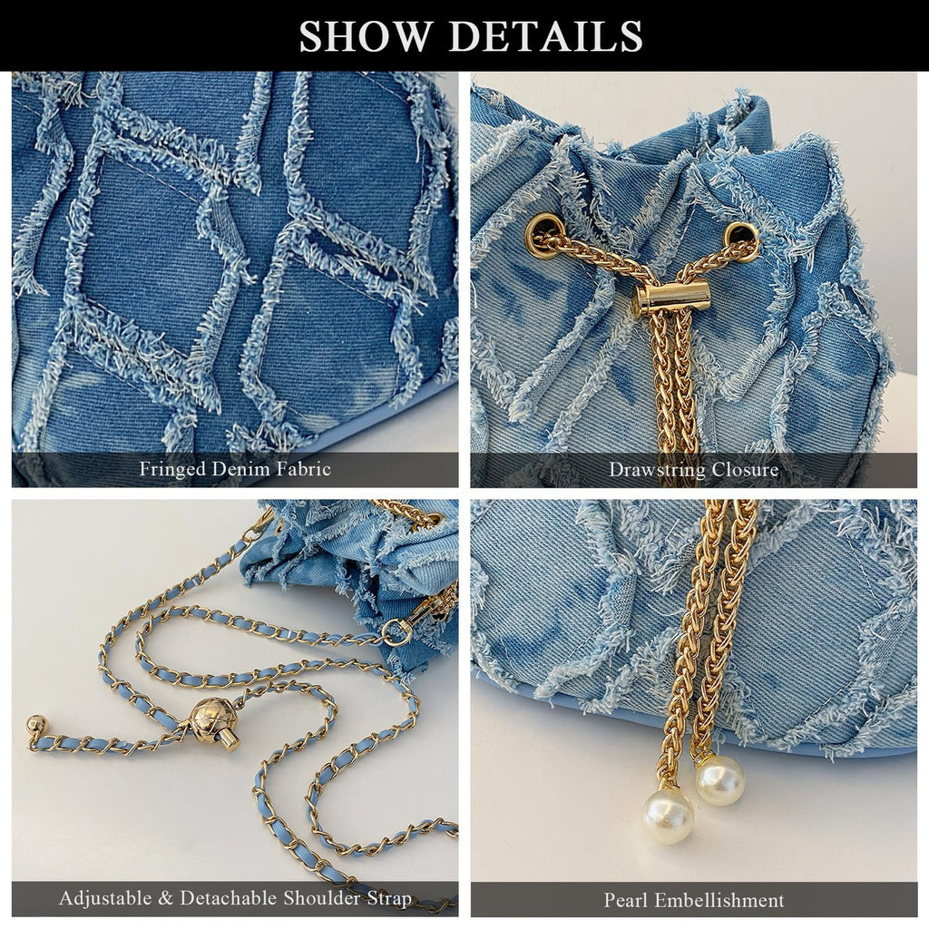 Extolove White Denim Bucket Bag Quilted Drawstring Hobo Purse