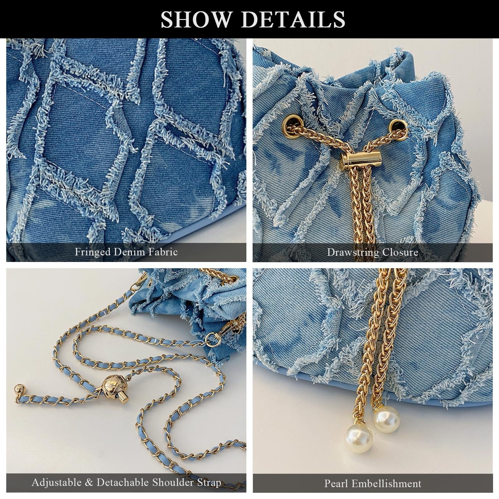 Extolove White Denim Bucket Bag Quilted Drawstring Hobo Purse