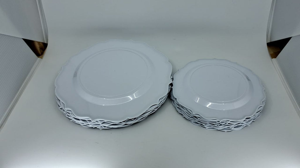 Contemporary Combo Plates Set - 32 White Plates w/ Black Rim 7.5" - 10.5"