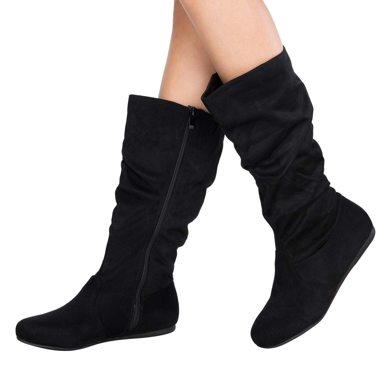 Olivia K Womens Low Heel Mid-Calf Slouchy Suede Casual Boots with Side Zipper