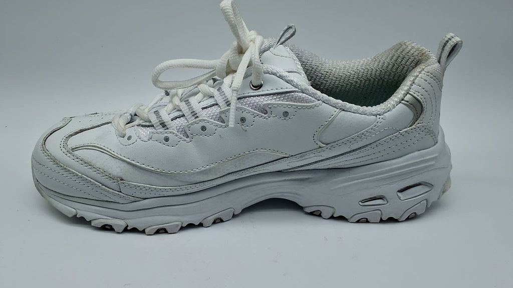 Skechers Sport Women's D'Lites Memory Foam Lace-up Sneaker,White Silver,8 W US