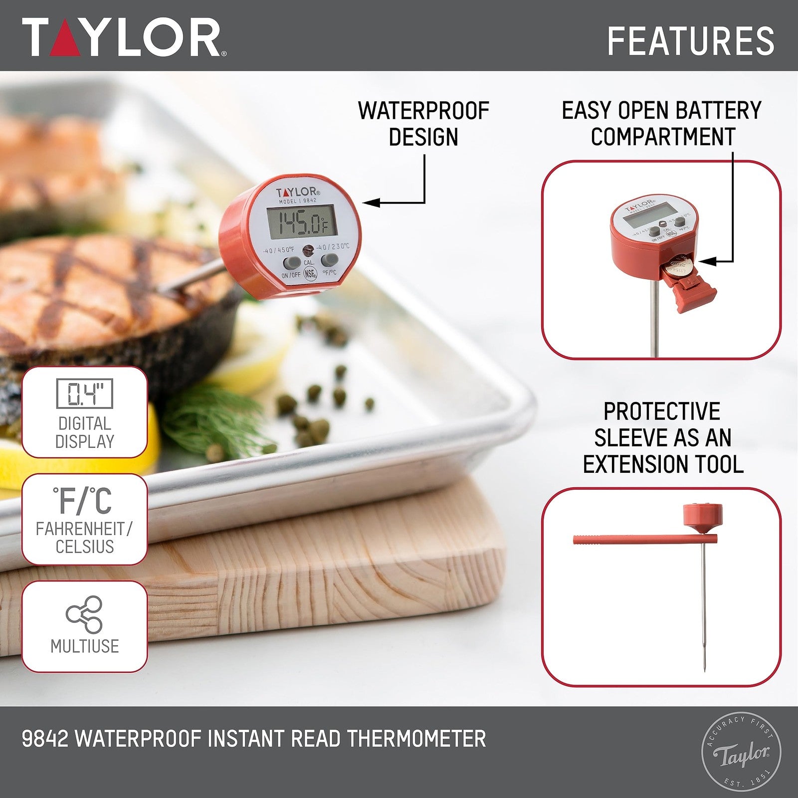 Digital Instant Read Thermometer, Waterproof, Red, for Cooking & BBQ
