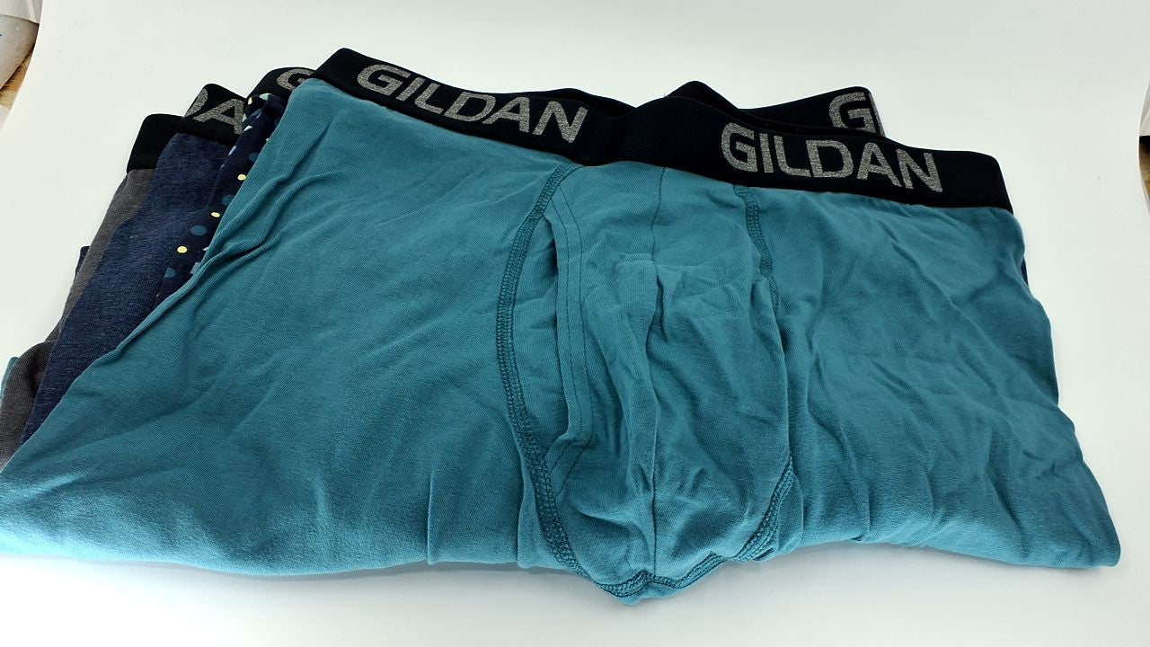 Men's Gildan Boxer Briefs, Cotton Stretch, 4-Pack, Medium, Hthr Dark Grey/Navy
