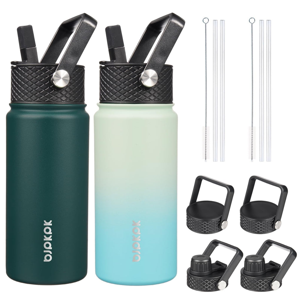 Insulated 18oz Water Bottles, 2 Pack w/ Straw Lids, BPA Free, Army Green