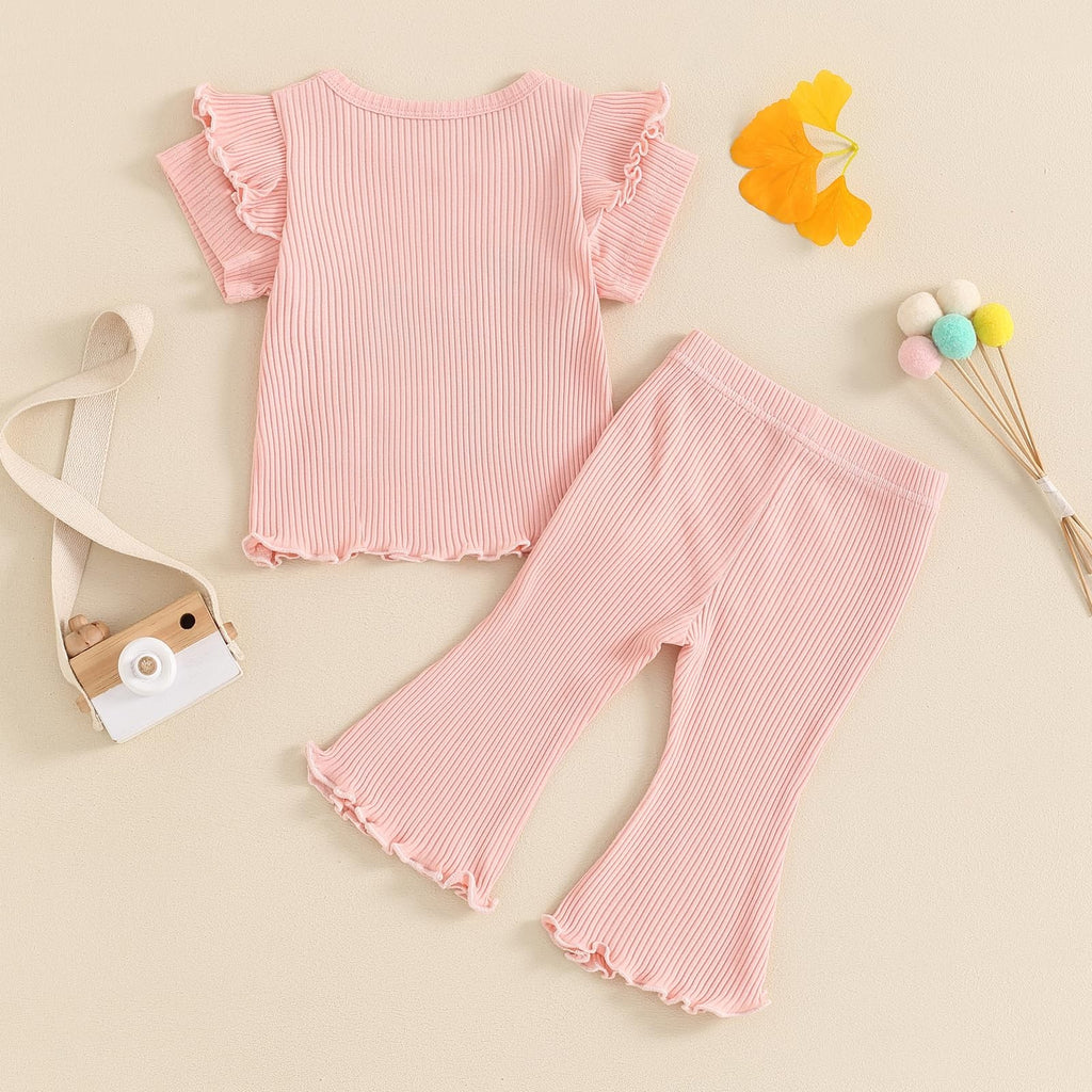 Cute Toddler Birthday Outfit Pink Ruffle Top & Flare Pants Set 4-5 Years