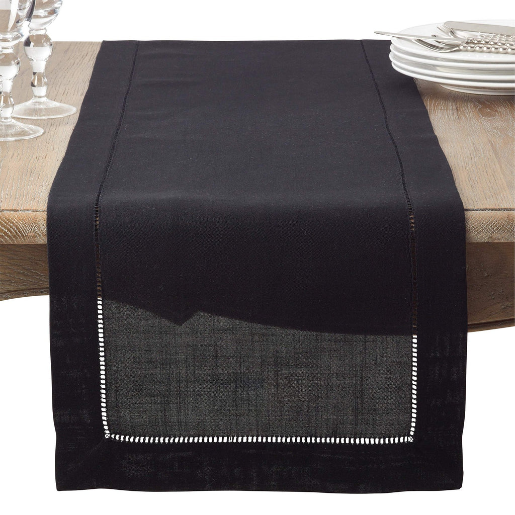 SARO LIFESTYLE Hemstitched Border Table Runner, Black, 16"x72"