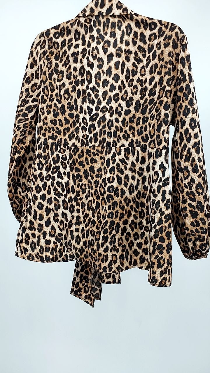 Leopard Tie Front Long Sleeve Blouse