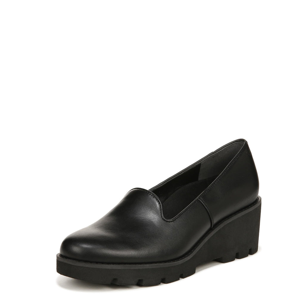 Vionic Willa Wedge Shoes 8W Black Leather Arch Support Slip-On