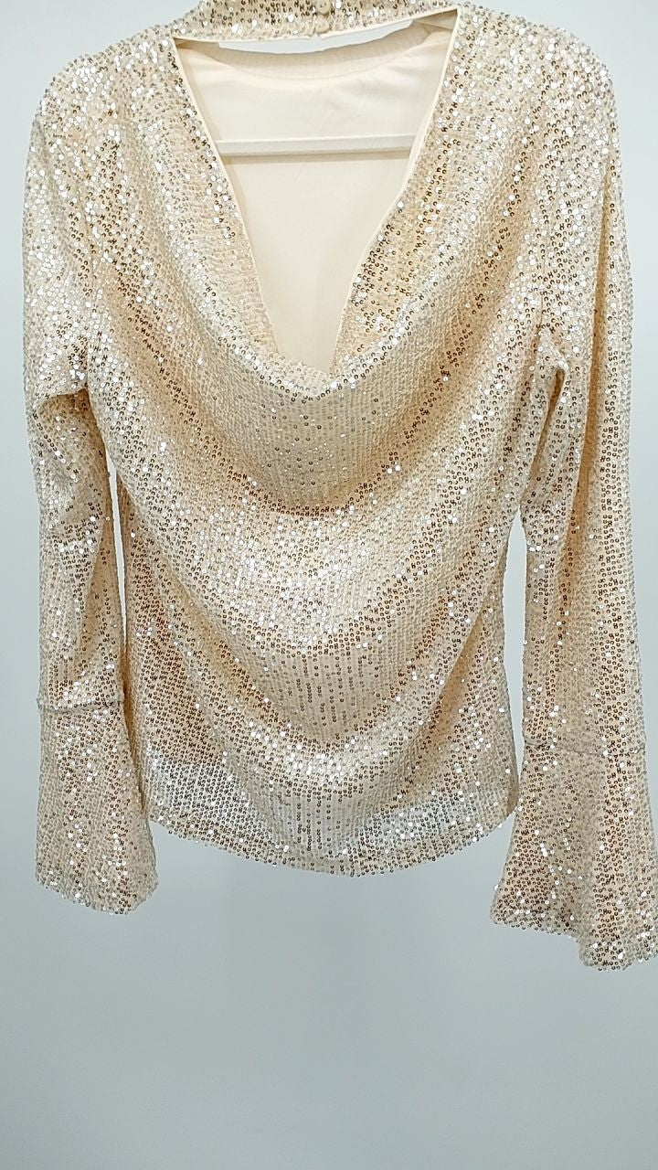 Sequin Mock Neck Bell Sleeve Top