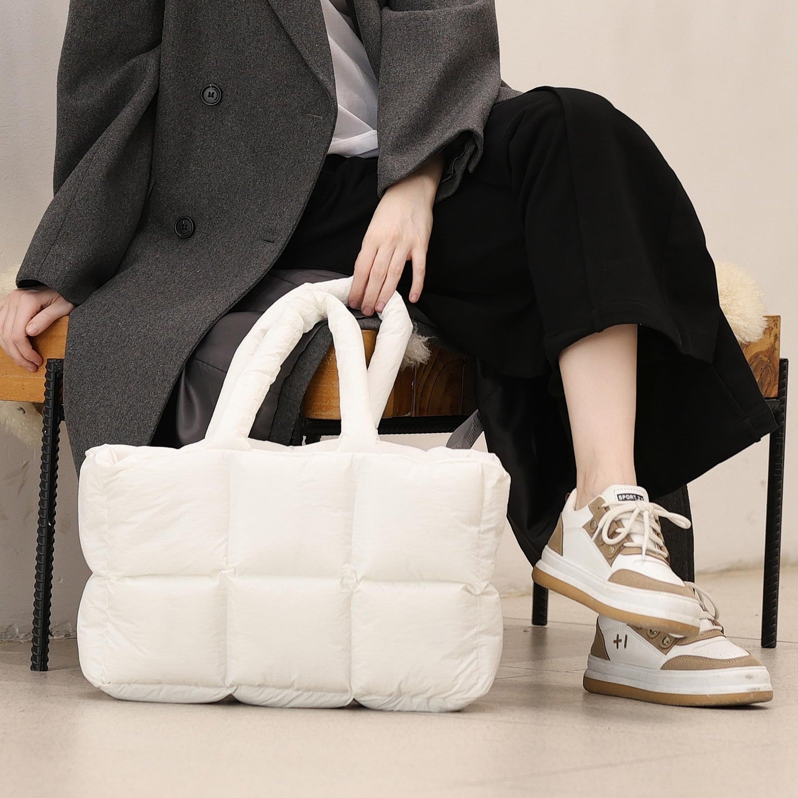 Lightweight White Quilted Puffer Tote Bag, Women's Large Handbag