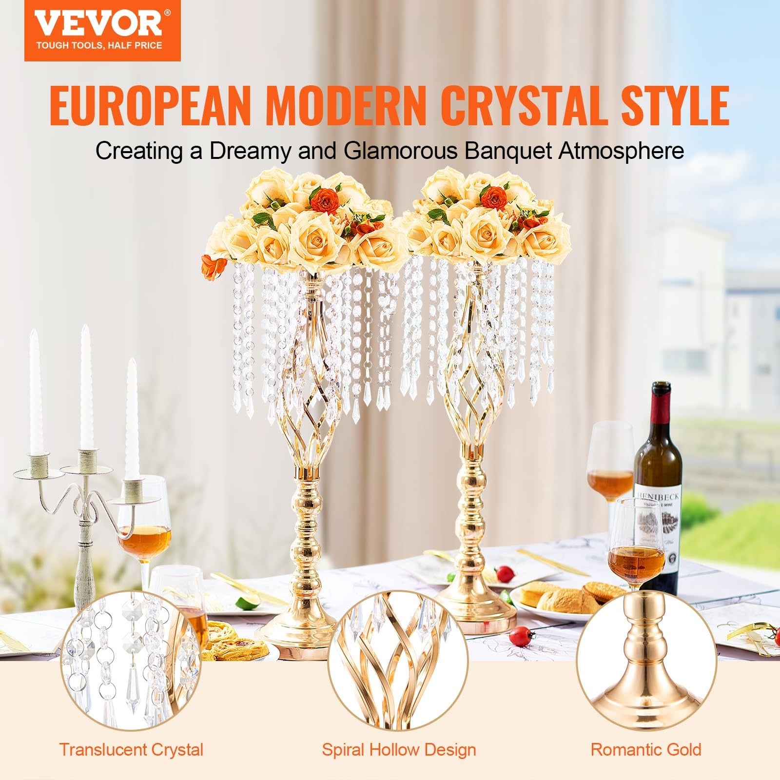 VEVOR Metal Wedding Centerpiece Gold,Crystal,2PCS 55cm/21.65”