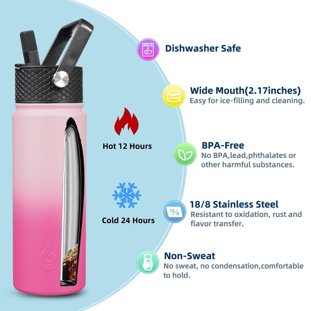 22oz Cherry Insulated Water Bottle, Stainless Steel, 3 Lids Included