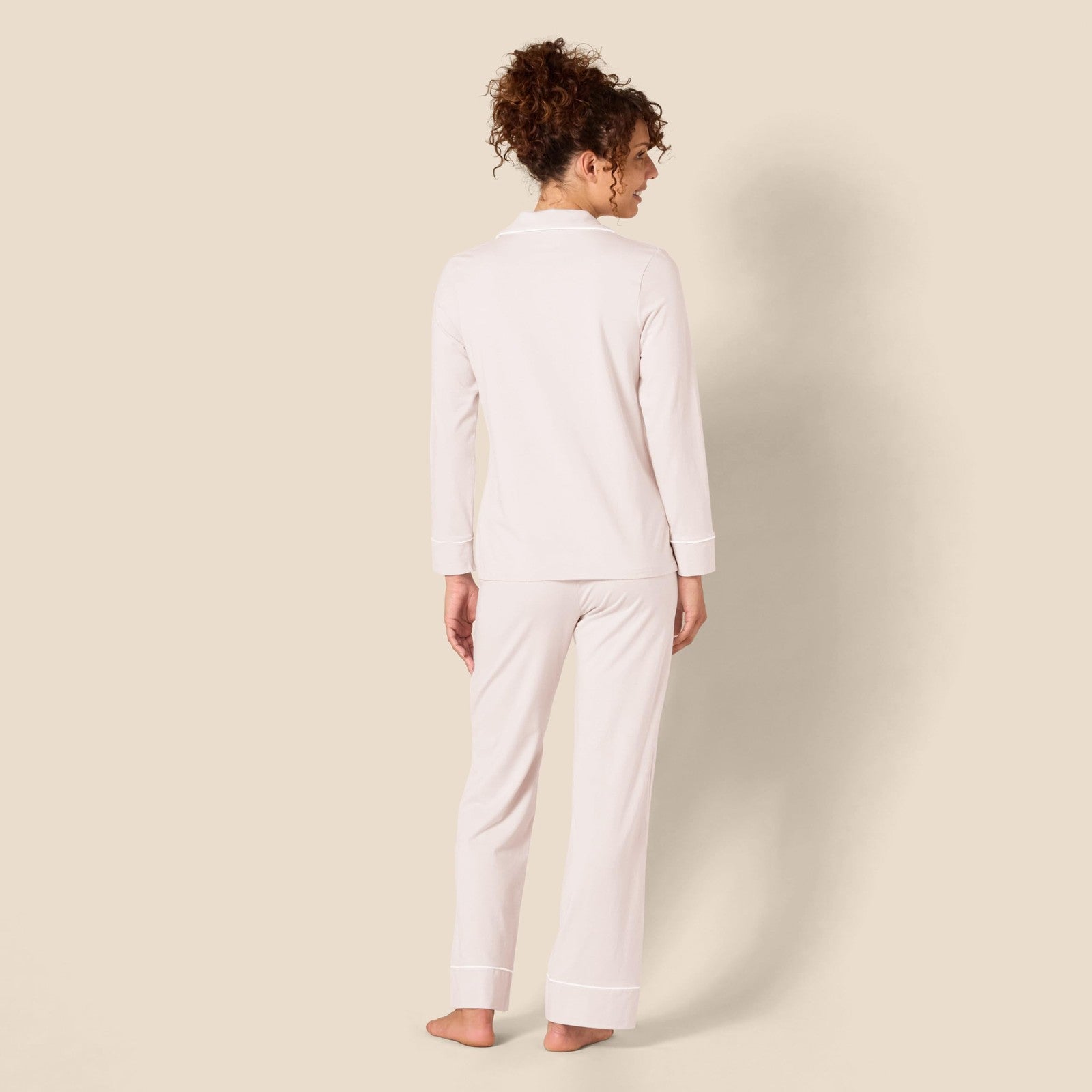 Pale Pink Cotton Modal Pajama Set, Long Sleeve Top & Full-Length Pants, S