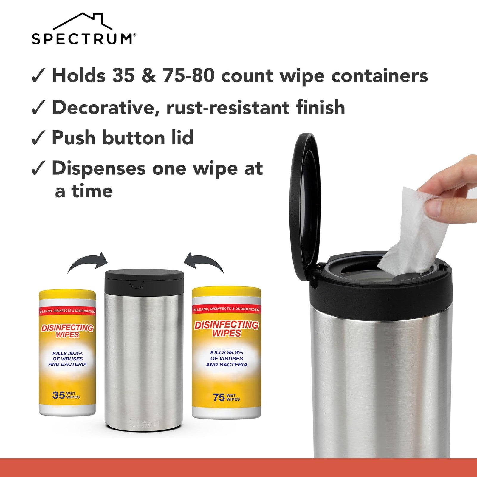 Spectrum Satin Nickel Wipes Container w/ Push Button Dispenser