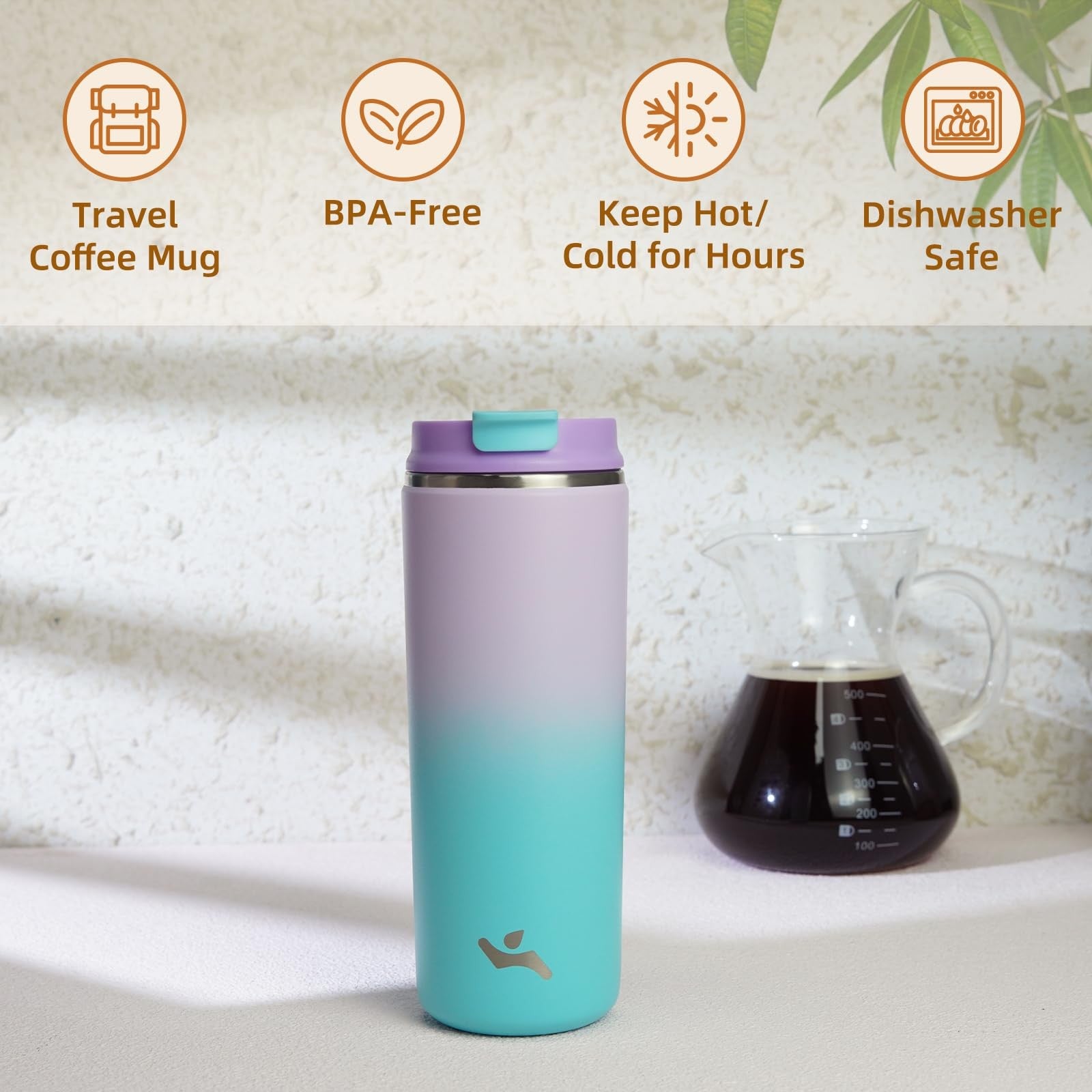 16 Oz Insulated Coffee Mug, Double Wall Stainless Steel, Lavender Green