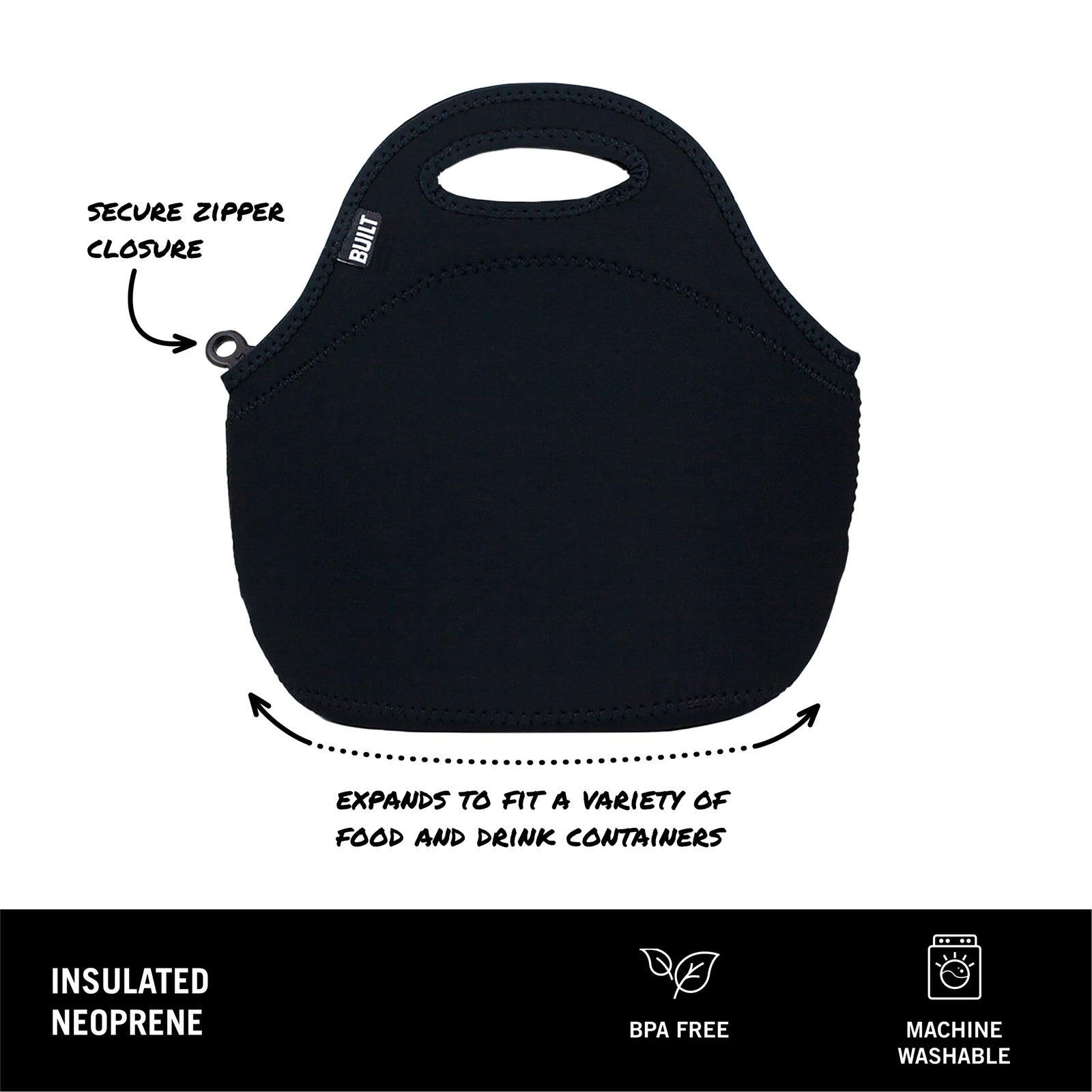 Reusable Insulated Lunch Tote Bag, Black Neoprene, One Size, BUILT Gourmet
