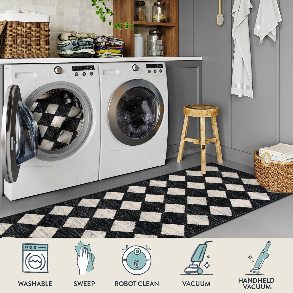 Washable 2x7 Runner Rug, Black & White Trellis, Soft & Stain Resistant