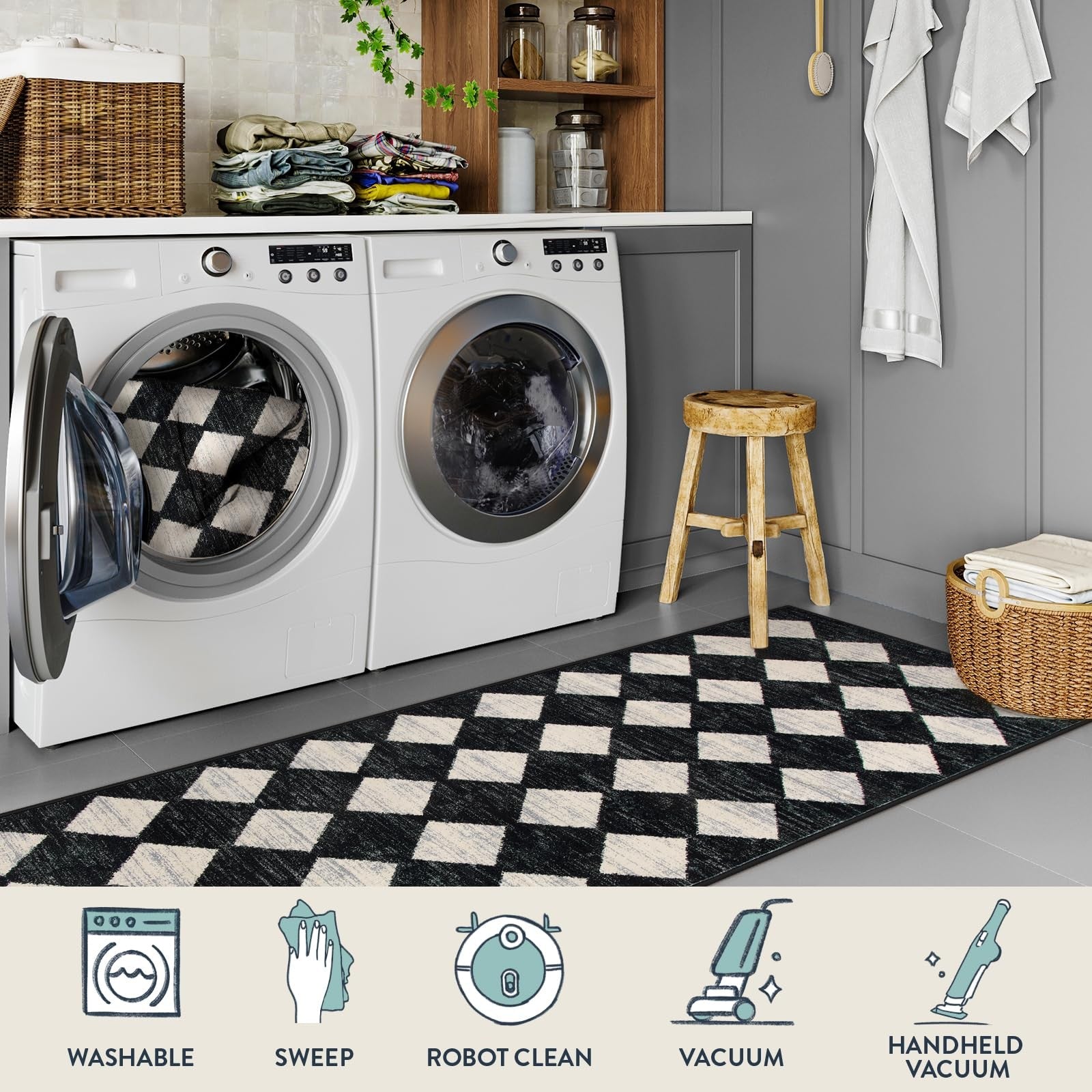 Washable 2x7 Runner Rug, Black & White Trellis, Soft & Stain Resistant