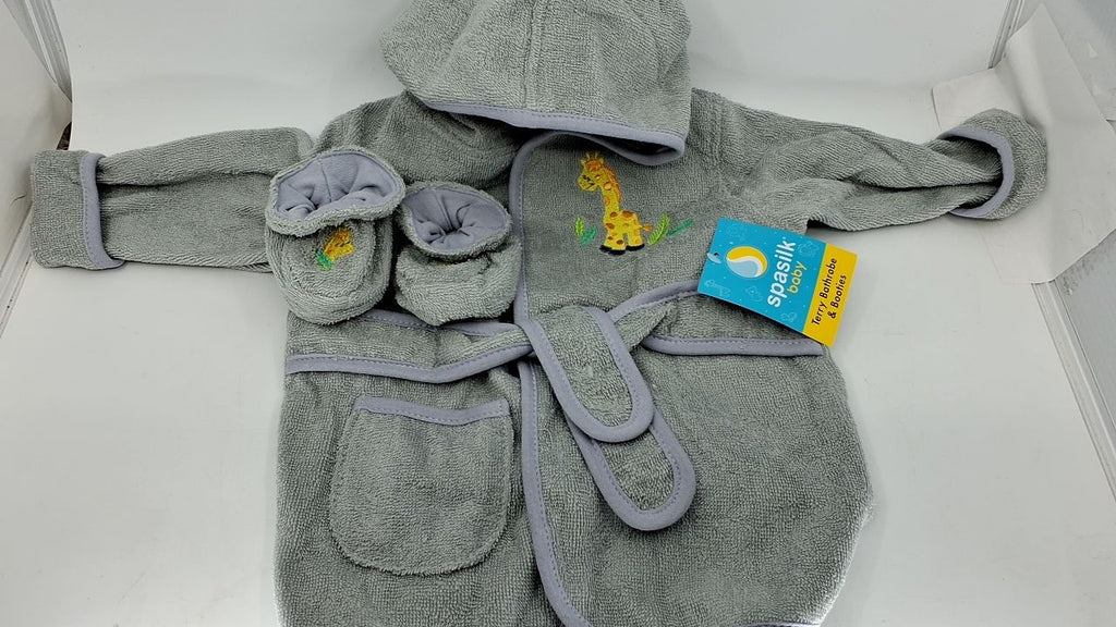 Cotton Hooded Bathrobe & Booties Set, Grey Giraffe, Baby 0-9 Months