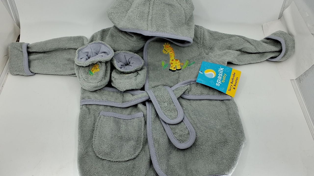 Cotton Hooded Bathrobe & Booties Set, Grey Giraffe, Baby 0-9 Months