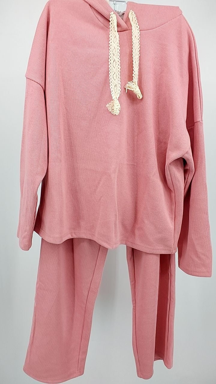 Lace Detail Dropped Shoulder Hoodie and Pants Set