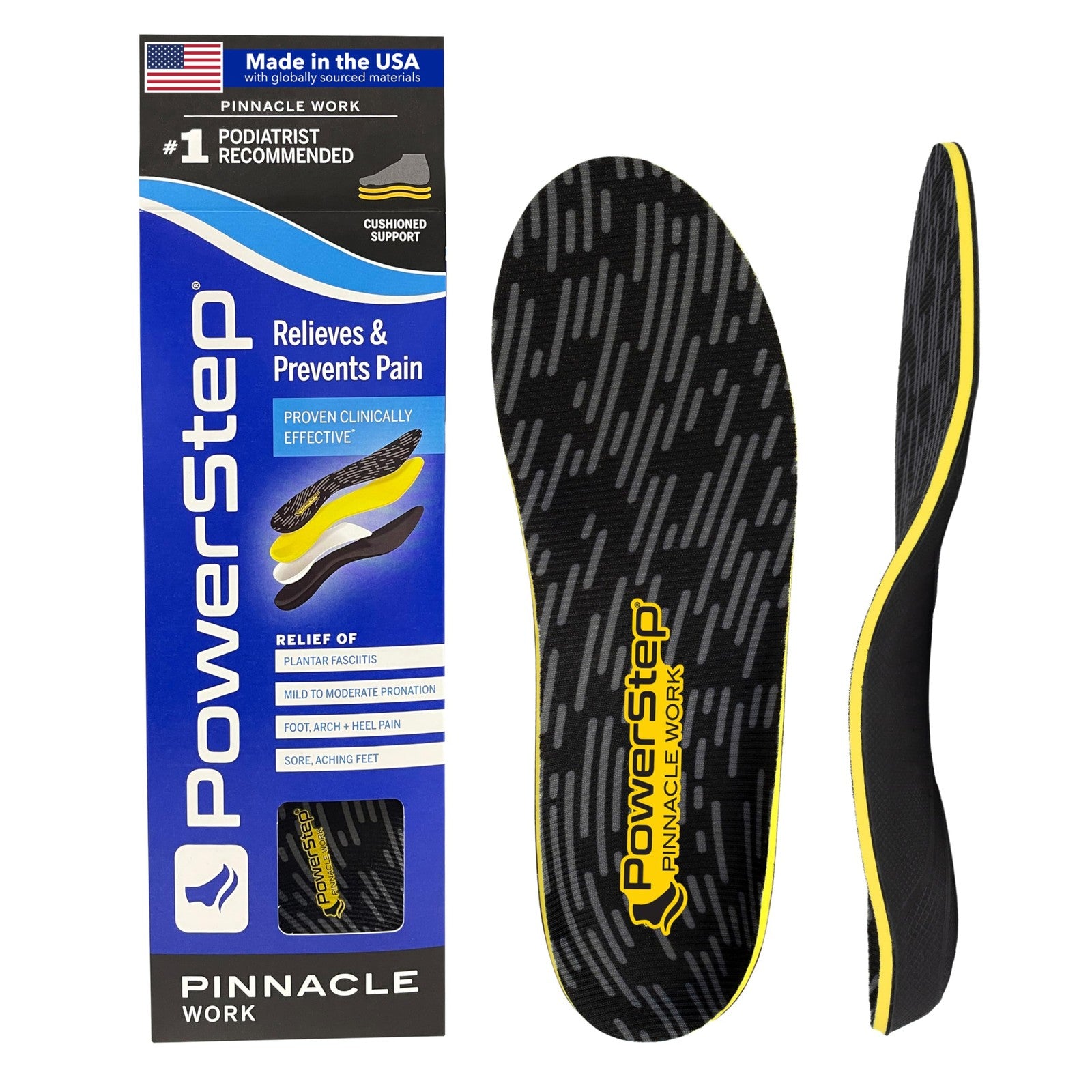 PowerStep Pinnacle Work Insoles, Arch Support, Men's 8-8.5, Women's 10-10.5 blac