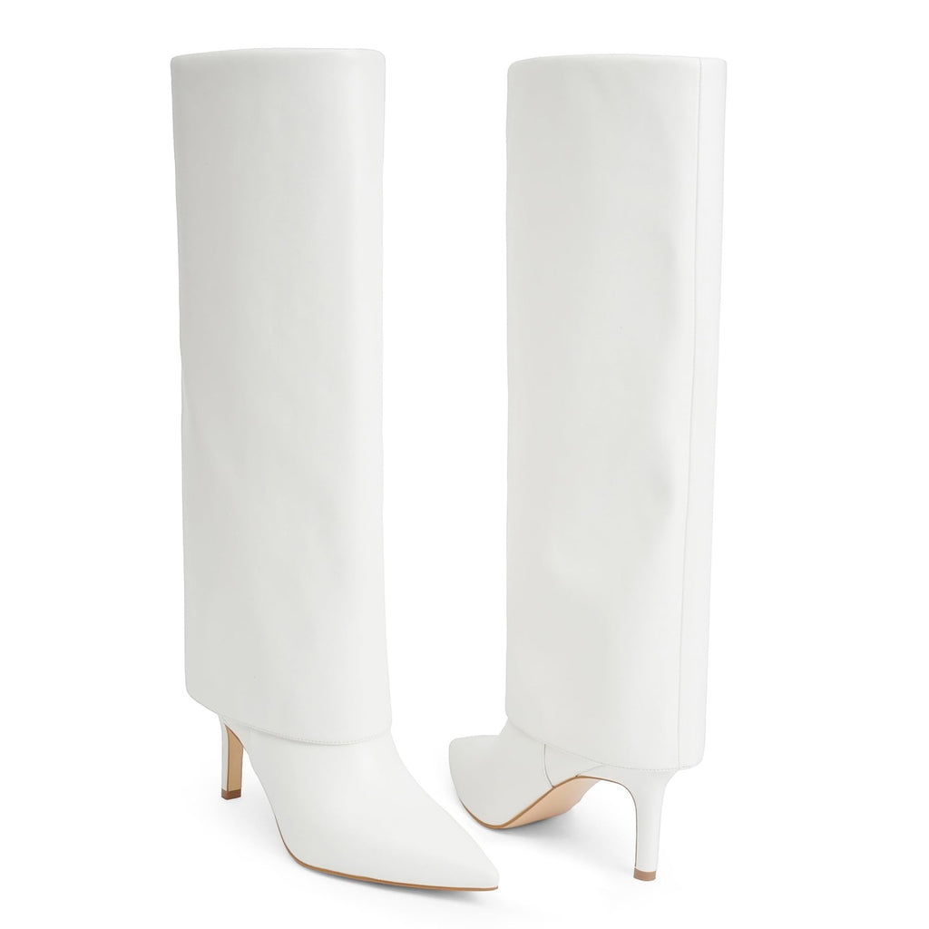 Women's White Fold Over Knee High Boots, Stiletto Heel, Size 8