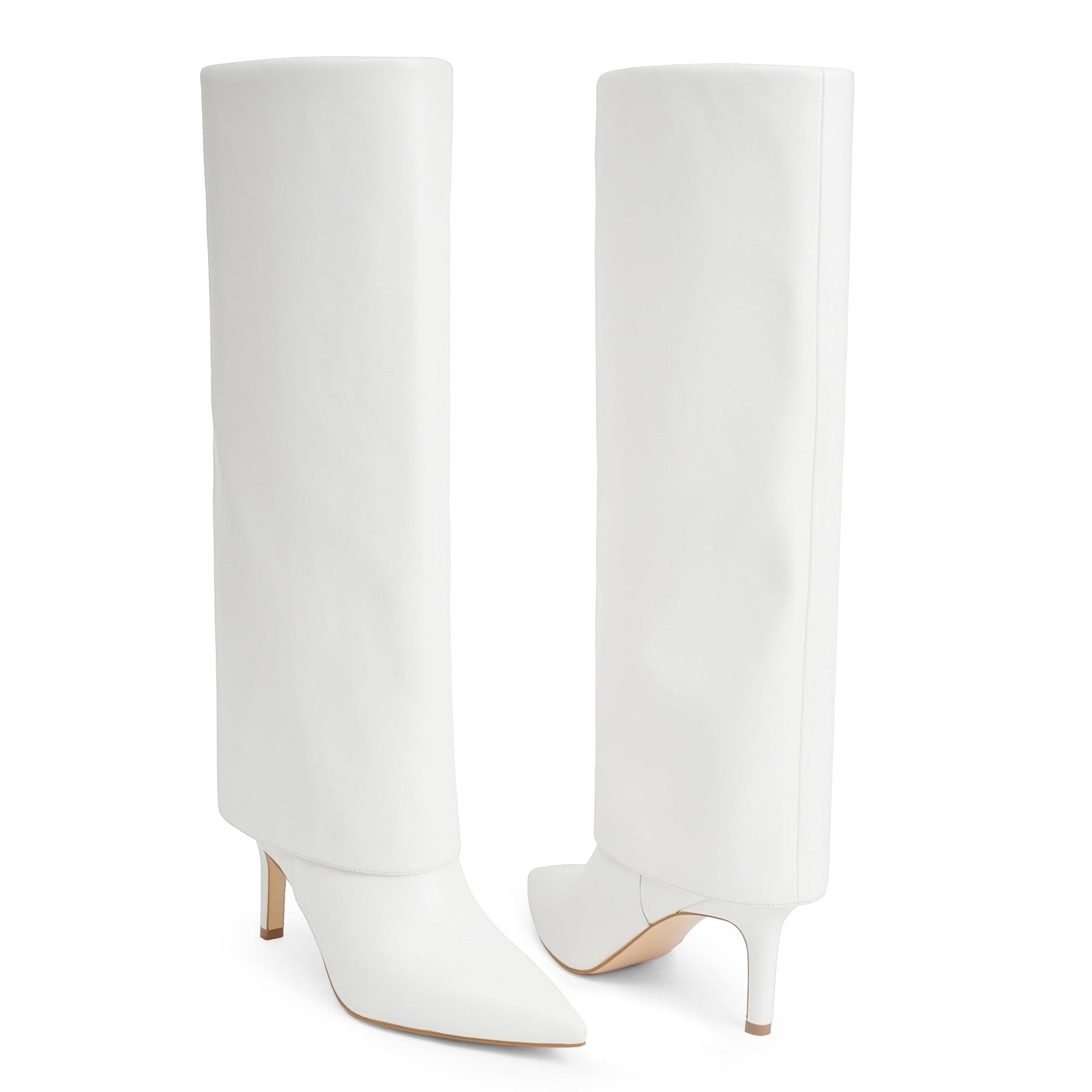 Women's White Fold Over Knee High Boots, Stiletto Heel, Size 8