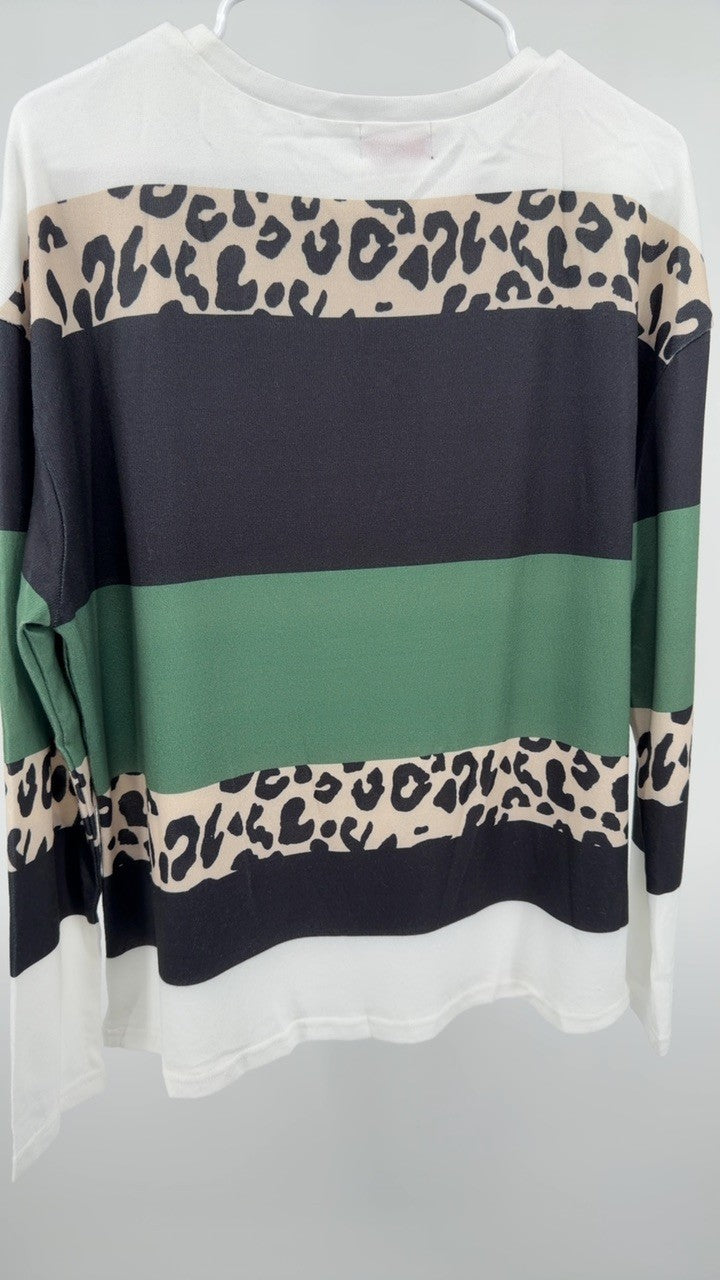Leopard Color Block Striped Knit Top