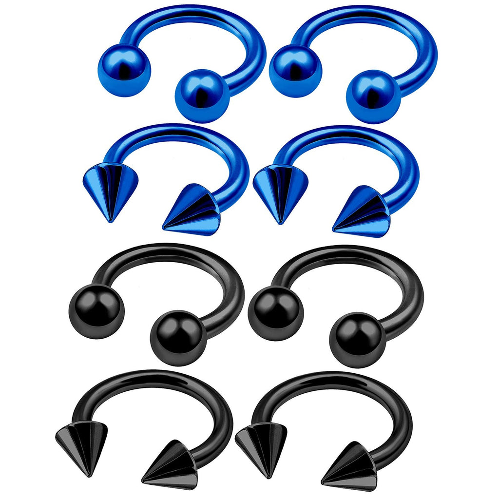 Anodized 14g Horseshoe Barbell Piercings 8Pcs Set Blue & Black 4mm Ball