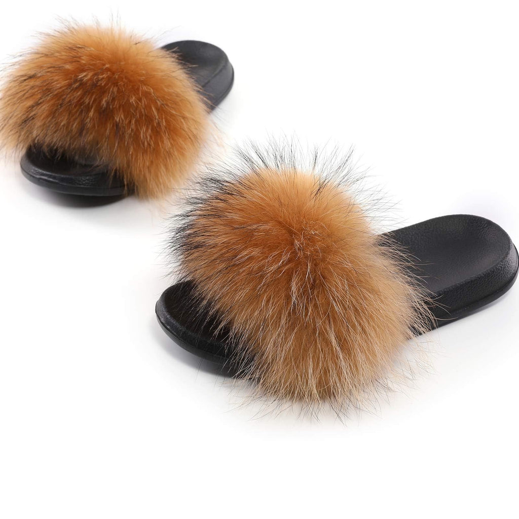 Fluffy Open Toe Slippers for Women Natural Faux Fur Size 9-10