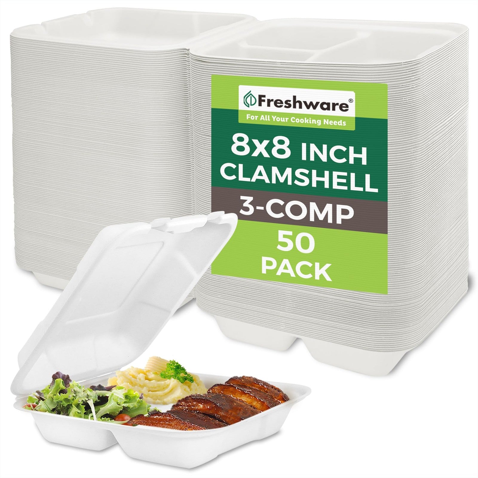 50-Pack 8x8 Compostable Clamshell Containers - Microwave & Freezer Safe