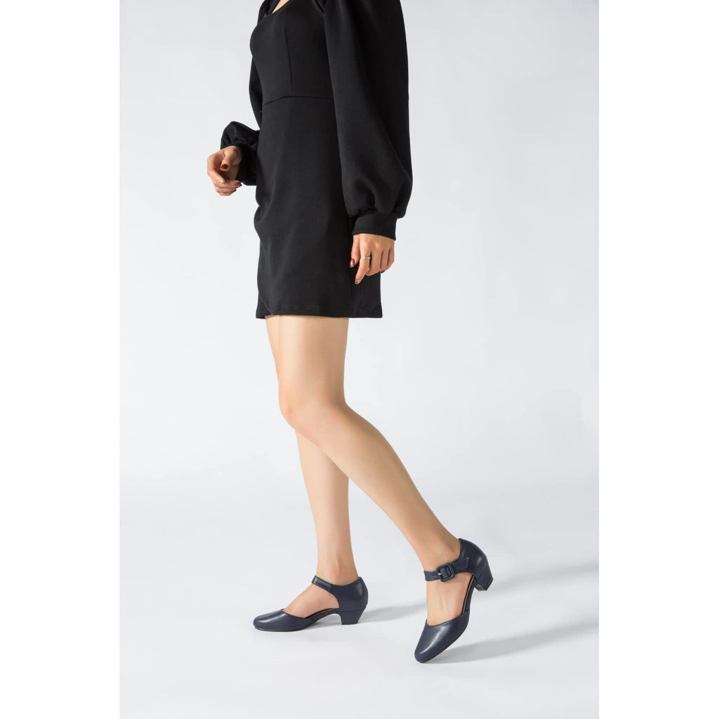 Enelauge Women's Matte Navy Ankle Strap Low Chunky Heel Pumps 7.5